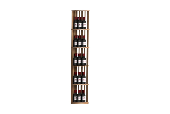 several bottles of wine are lined up on a wooden shelf