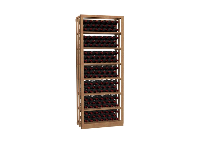 a wooden shelf filled with bottles of wine on a white background