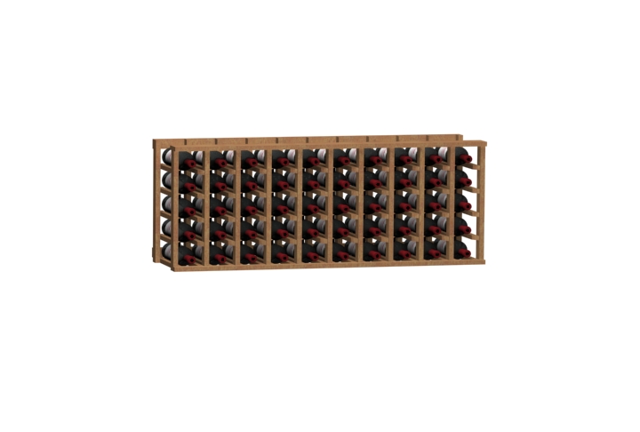 a row of wine bottles in a wooden rack