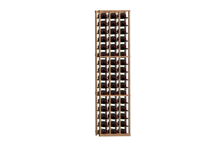 a row of wine bottles in a wooden rack on a white background