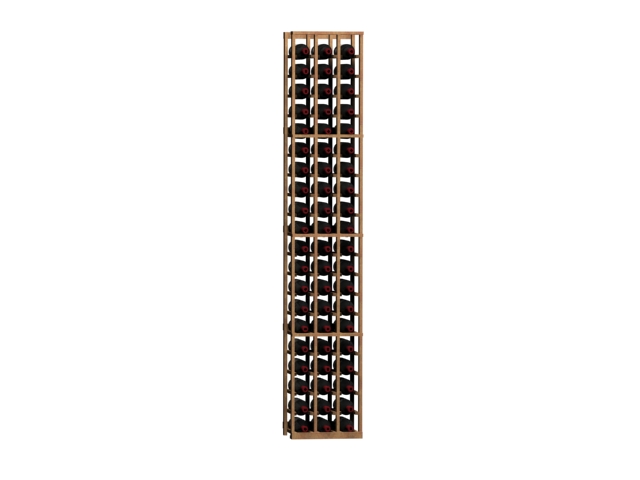 a row of wine bottles in a wooden rack on a white background