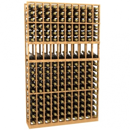 a wooden wine rack filled with many bottles of wine