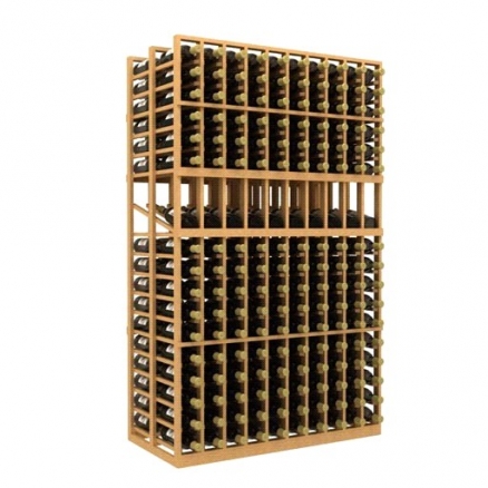 a wooden wine rack filled with bottles of wine