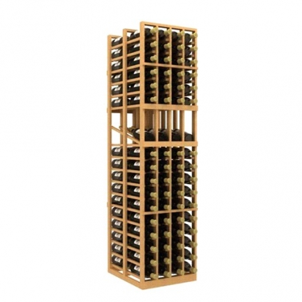 a wooden wine rack filled with bottles of wine