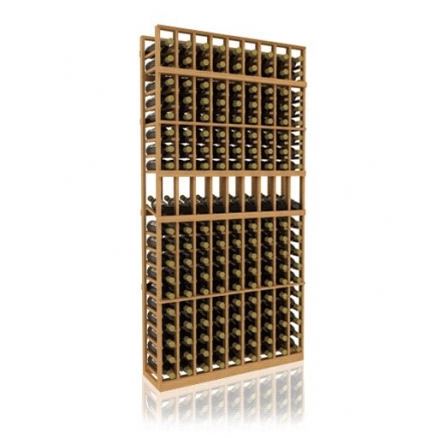 a wooden wine rack filled with many bottles of wine