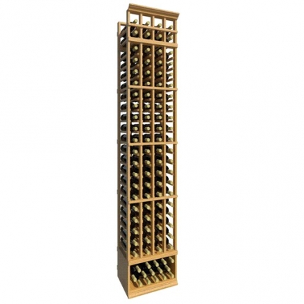 a wooden wine rack filled with bottles of wine