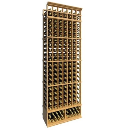 a wooden wine rack filled with many bottles of wine