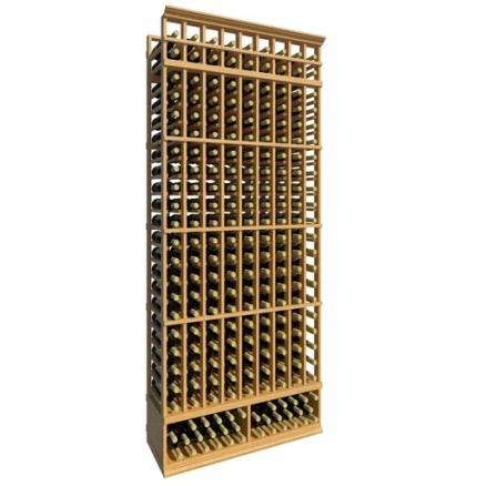 a wooden wine rack filled with many bottles of wine