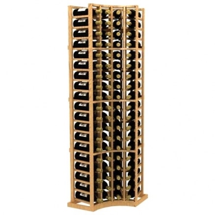 a wooden wine rack filled with bottles of wine on a white background .