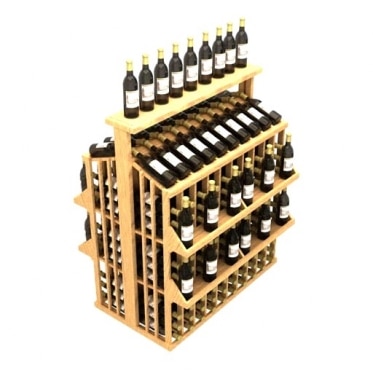 a wooden wine rack filled with bottles of wine