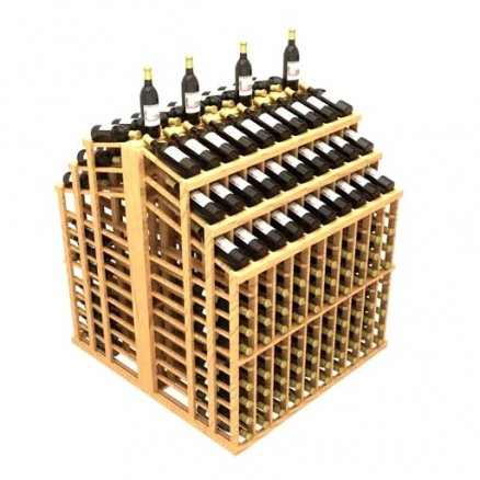 a wooden wine rack filled with lots of bottles of wine .