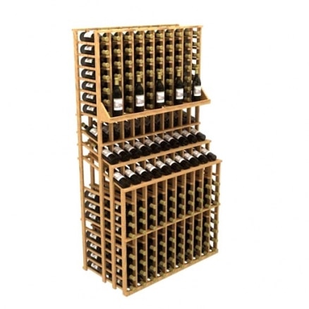 a wooden wine rack filled with many bottles of wine