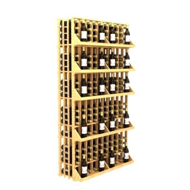 a wooden wine rack filled with many bottles of wine