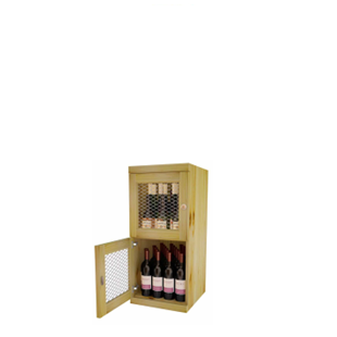 a wooden cabinet with bottles of wine in it
