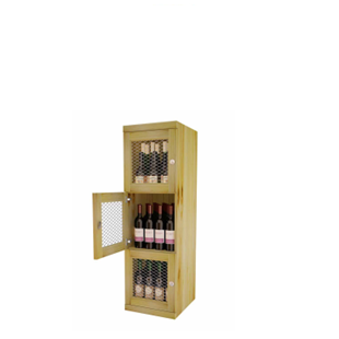 a wooden cabinet with bottles of wine in it