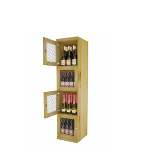 a wooden shelf with bottles of wine in it