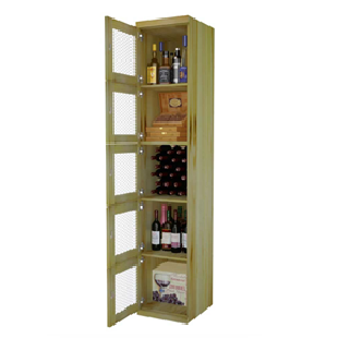 a wooden cabinet with bottles of wine and a box of wine