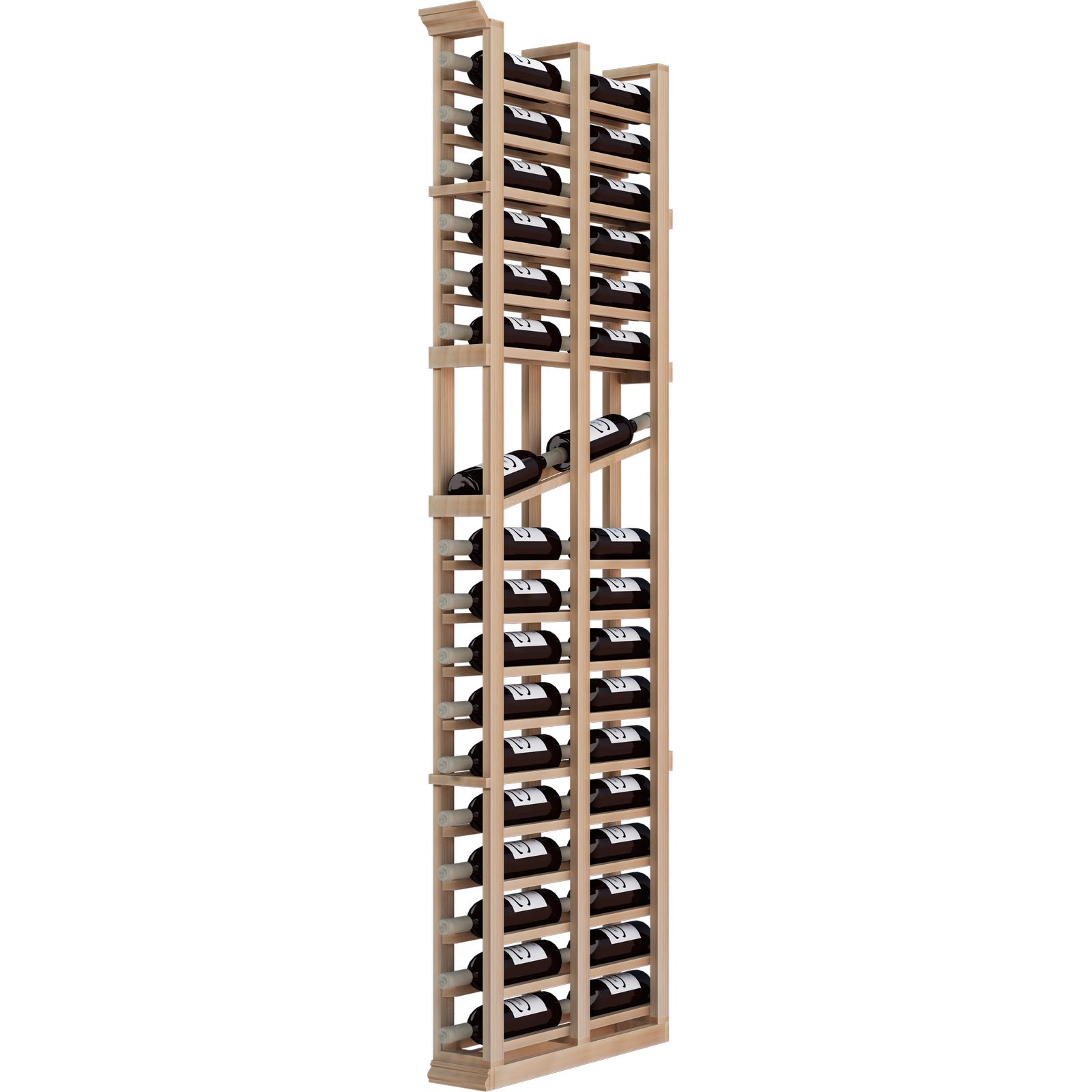 a wooden wine rack filled with bottles of wine on a white background .