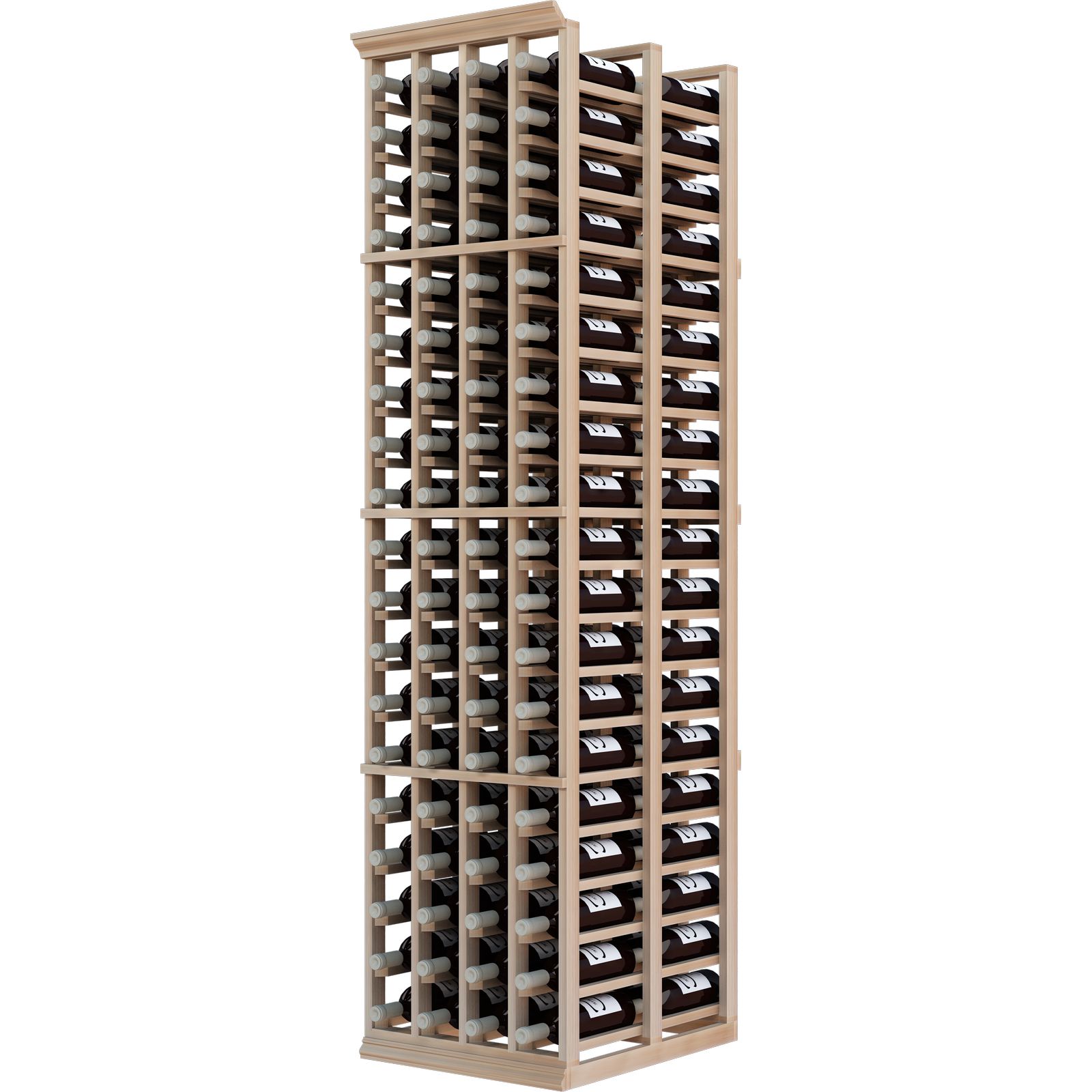 a wooden wine rack filled with bottles of wine on a white background .