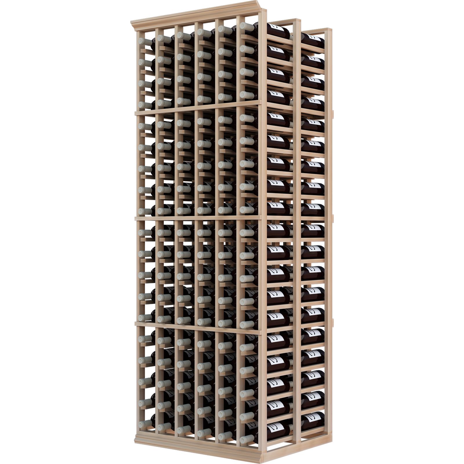 a wooden wine rack filled with many bottles of wine