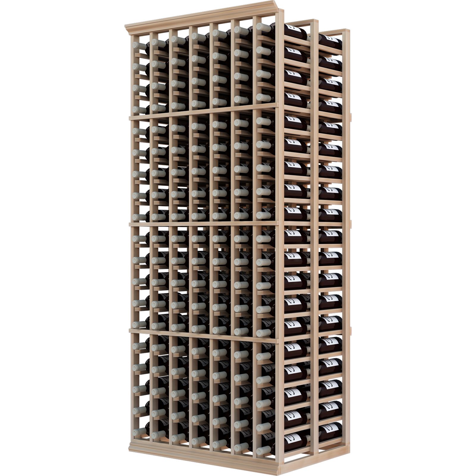 a wooden wine rack filled with bottles of wine on a white background .