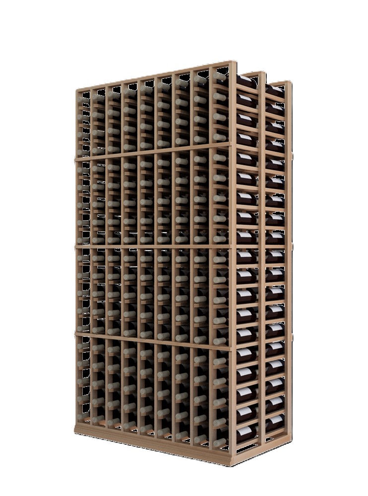 a wooden wine rack filled with many bottles of wine