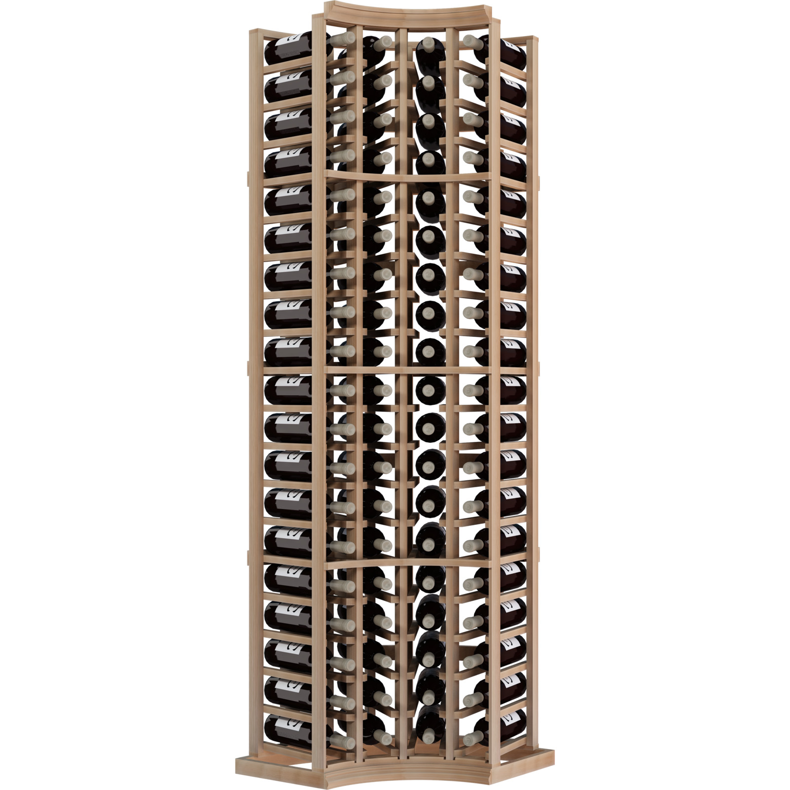 a wooden wine rack filled with bottles of wine on a white background .