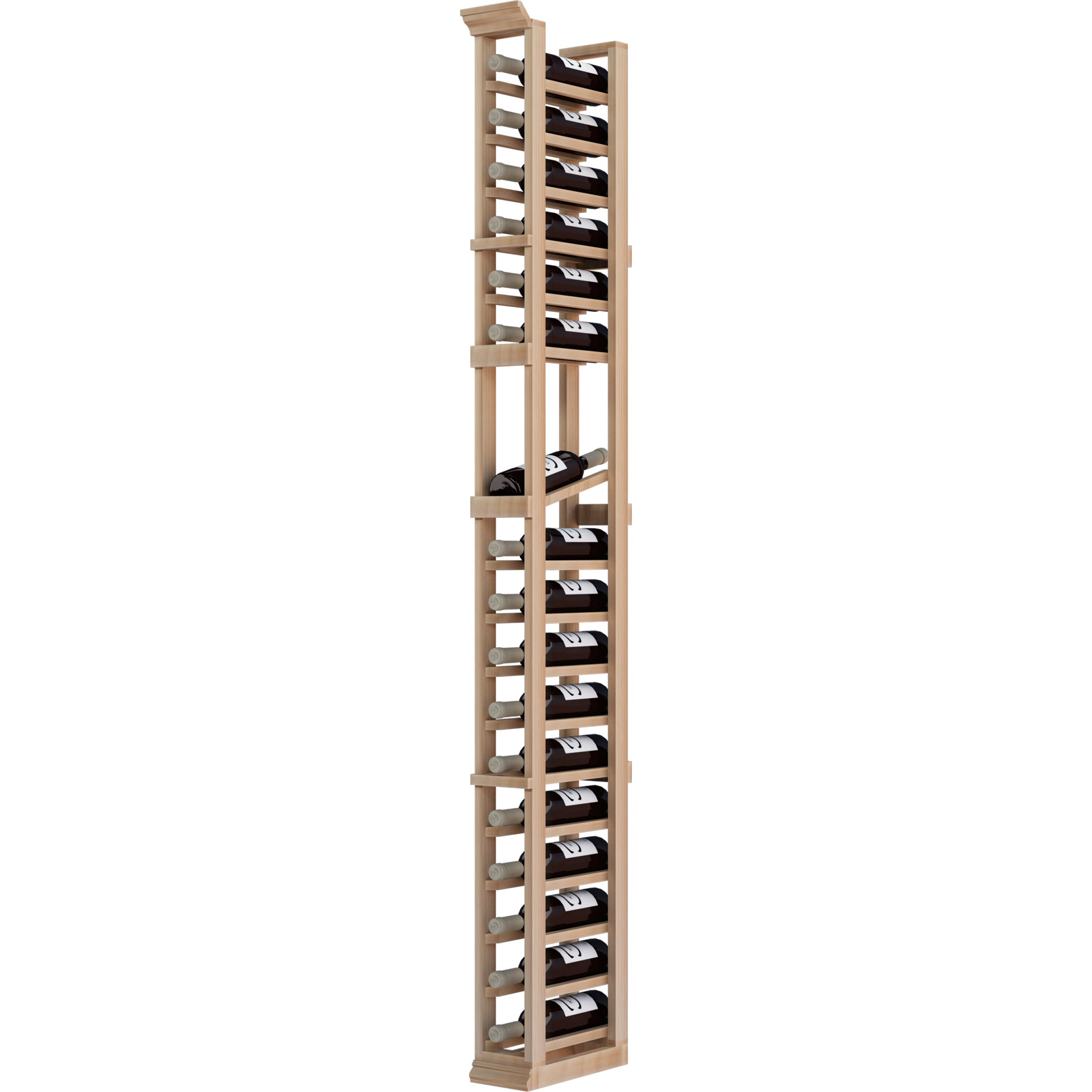 a wooden wine rack filled with wine bottles on a white background .