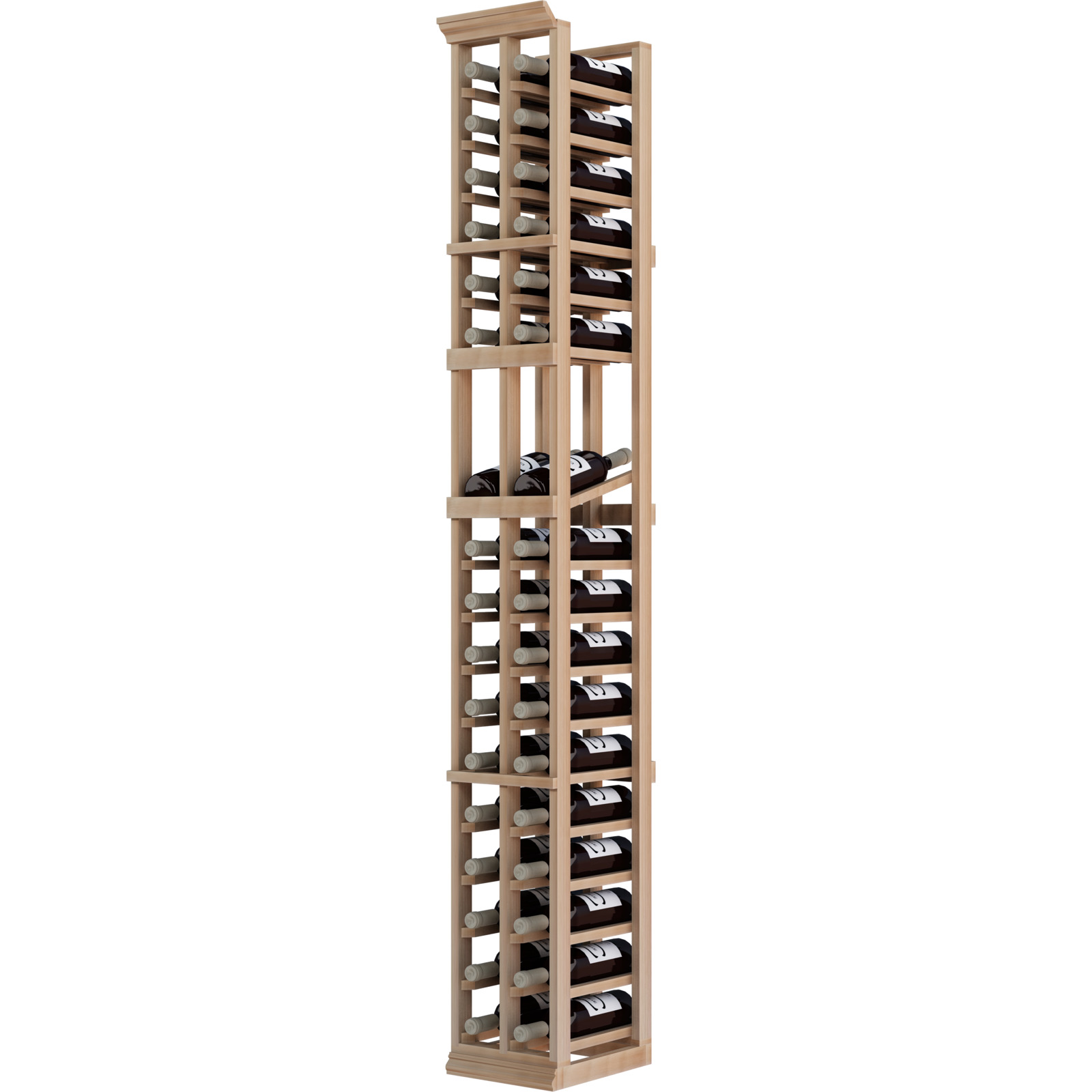 a wooden wine rack filled with bottles of wine
