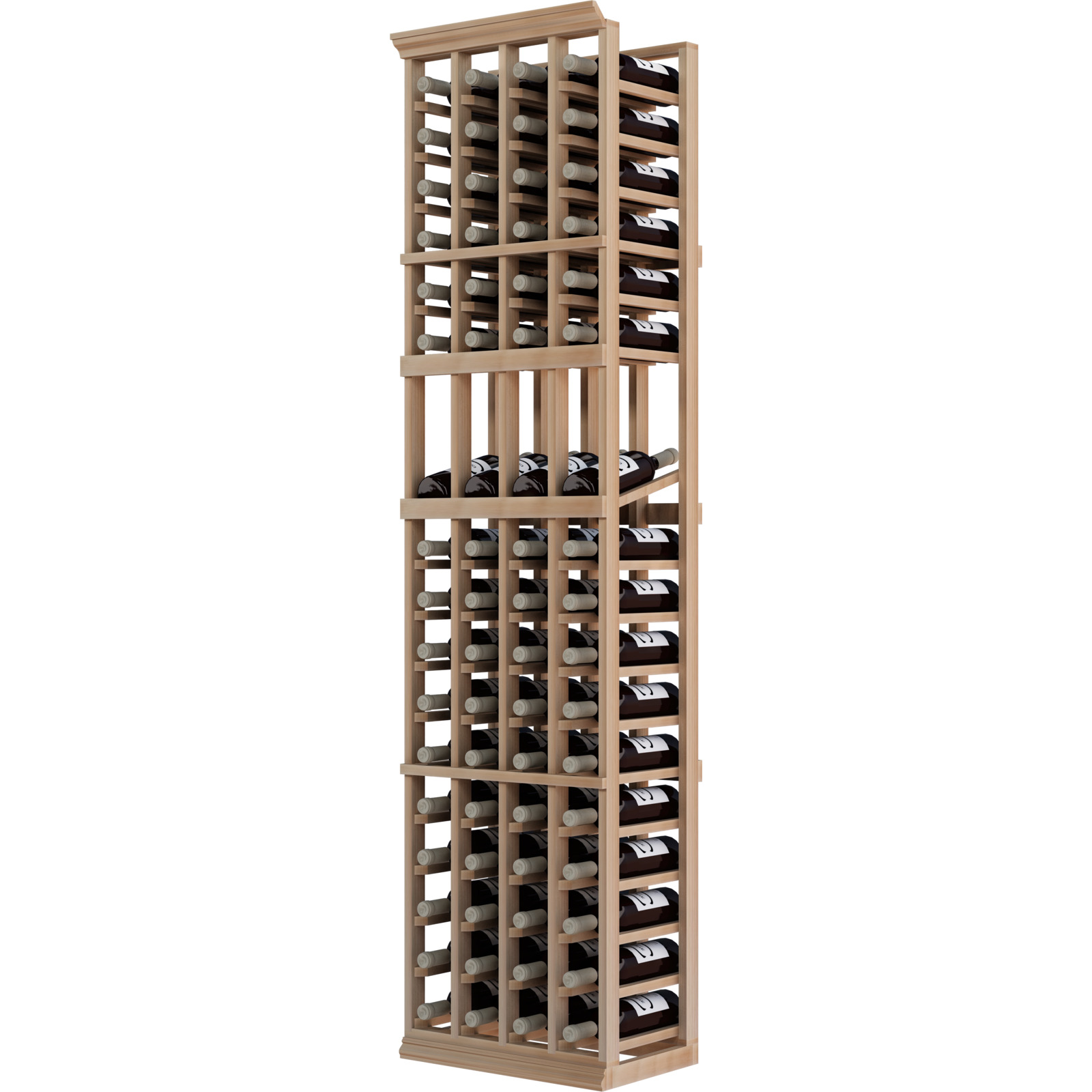 a wooden wine rack filled with bottles of wine