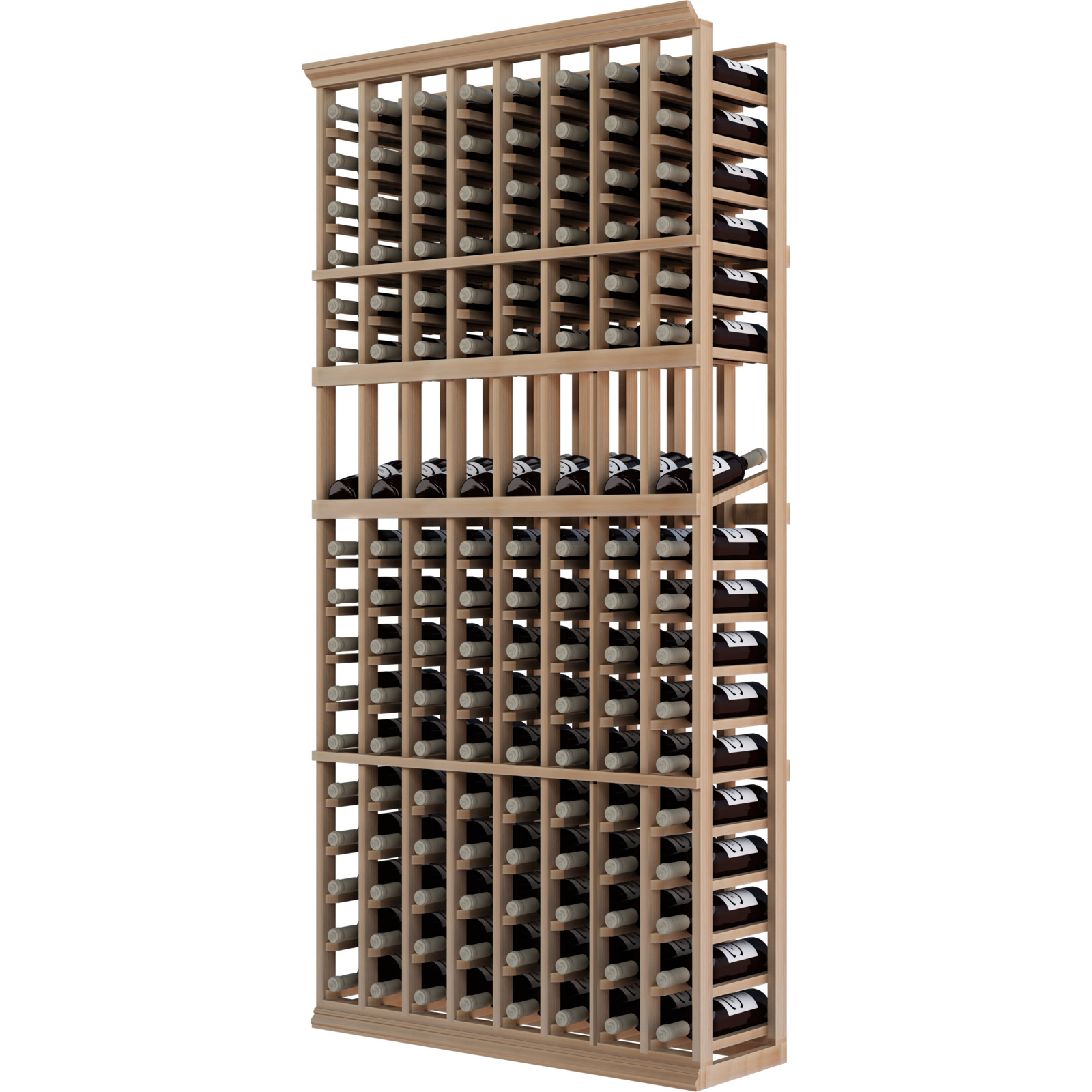 a wooden wine rack filled with many bottles of wine