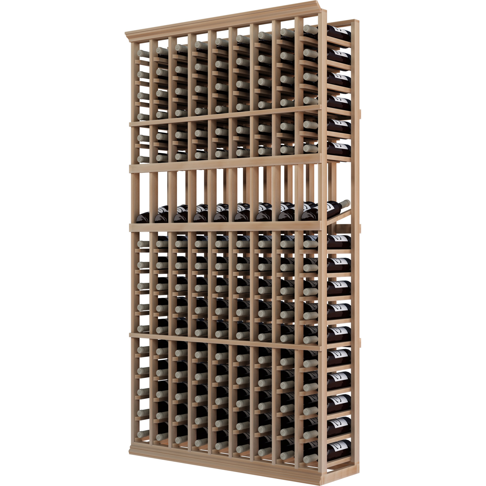 a wooden wine rack filled with many bottles of wine