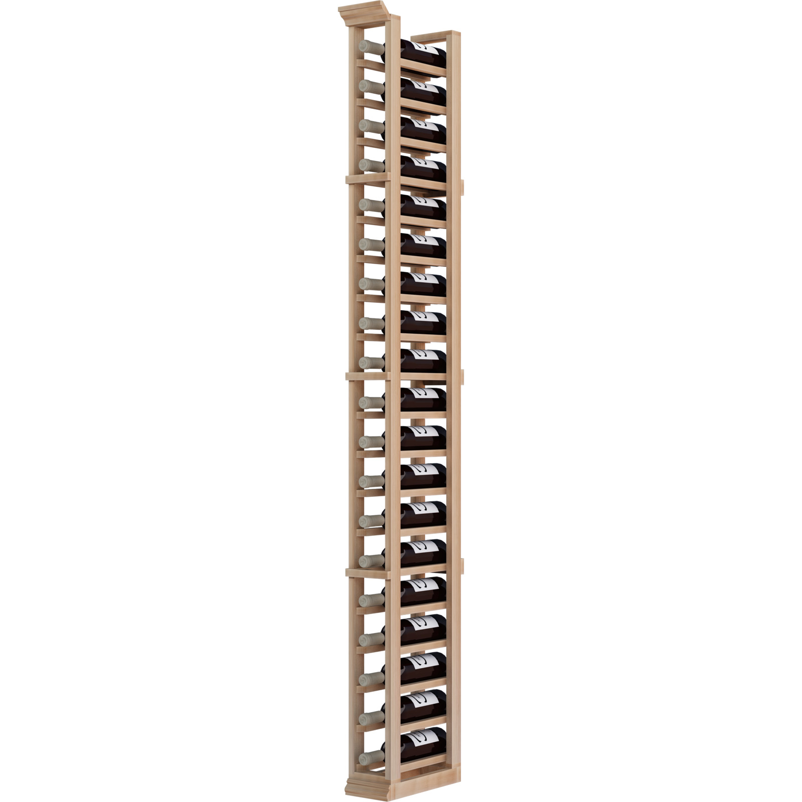 a wooden wine rack filled with bottles of wine on a white background .