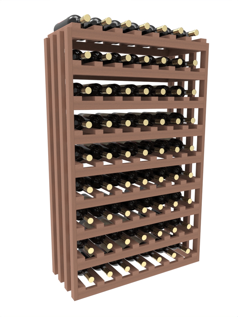 a row of wooden wine racks filled with bottles of wine