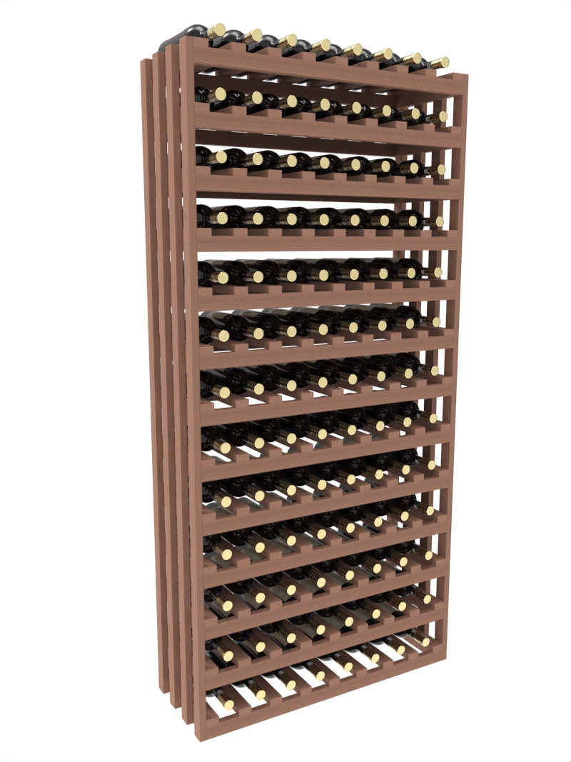 a row of wooden wine racks filled with bottles of wine